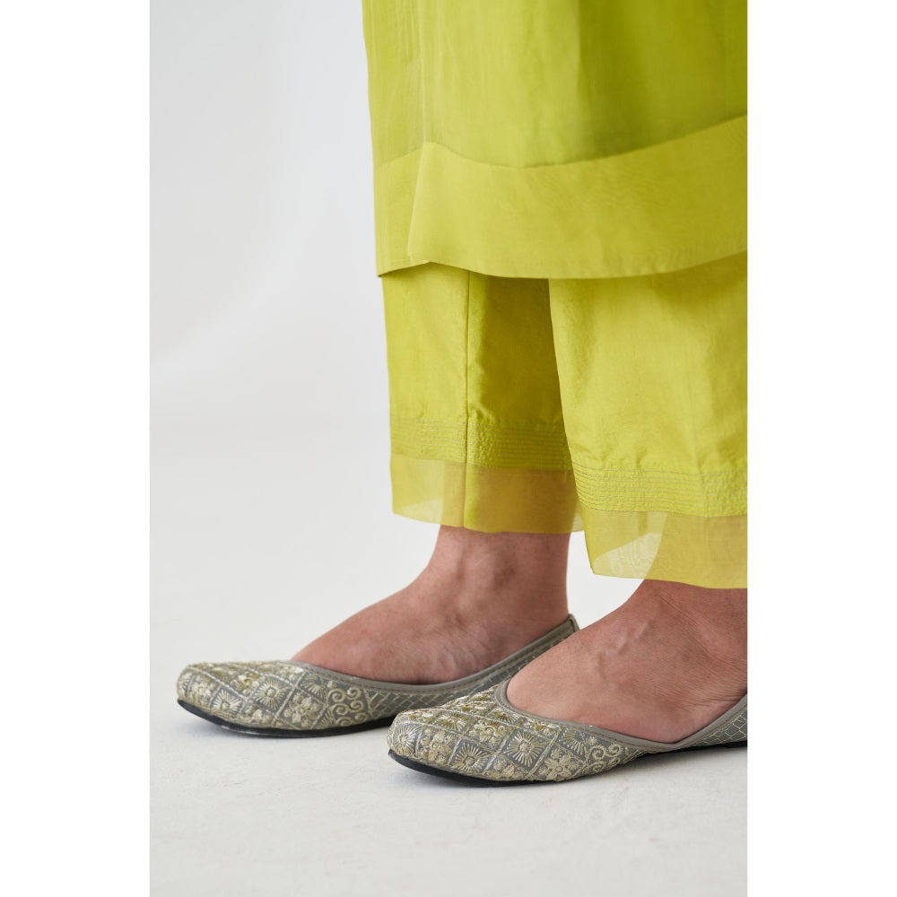 Janki India Lime Green Organza Embroidered Kaftan with Slip and Pant (Set of 3)
