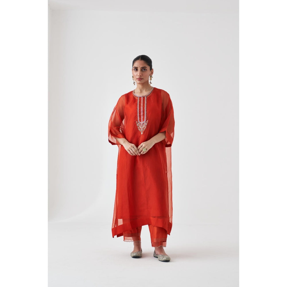 Janki India Rust Organza Embroidered Kaftan with Slip and Pant (Set of 3)