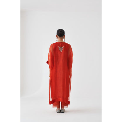 Janki India Rust Organza Embroidered Kaftan with Slip and Pant (Set of 3)