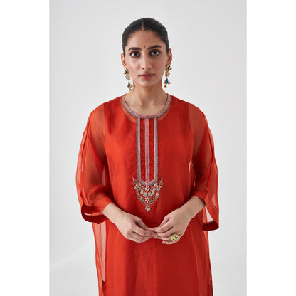 Janki India Rust Organza Embroidered Kaftan with Slip and Pant (Set of 3)