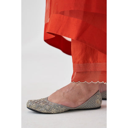 Janki India Rust Organza Embroidered Kaftan with Slip and Pant (Set of 3)