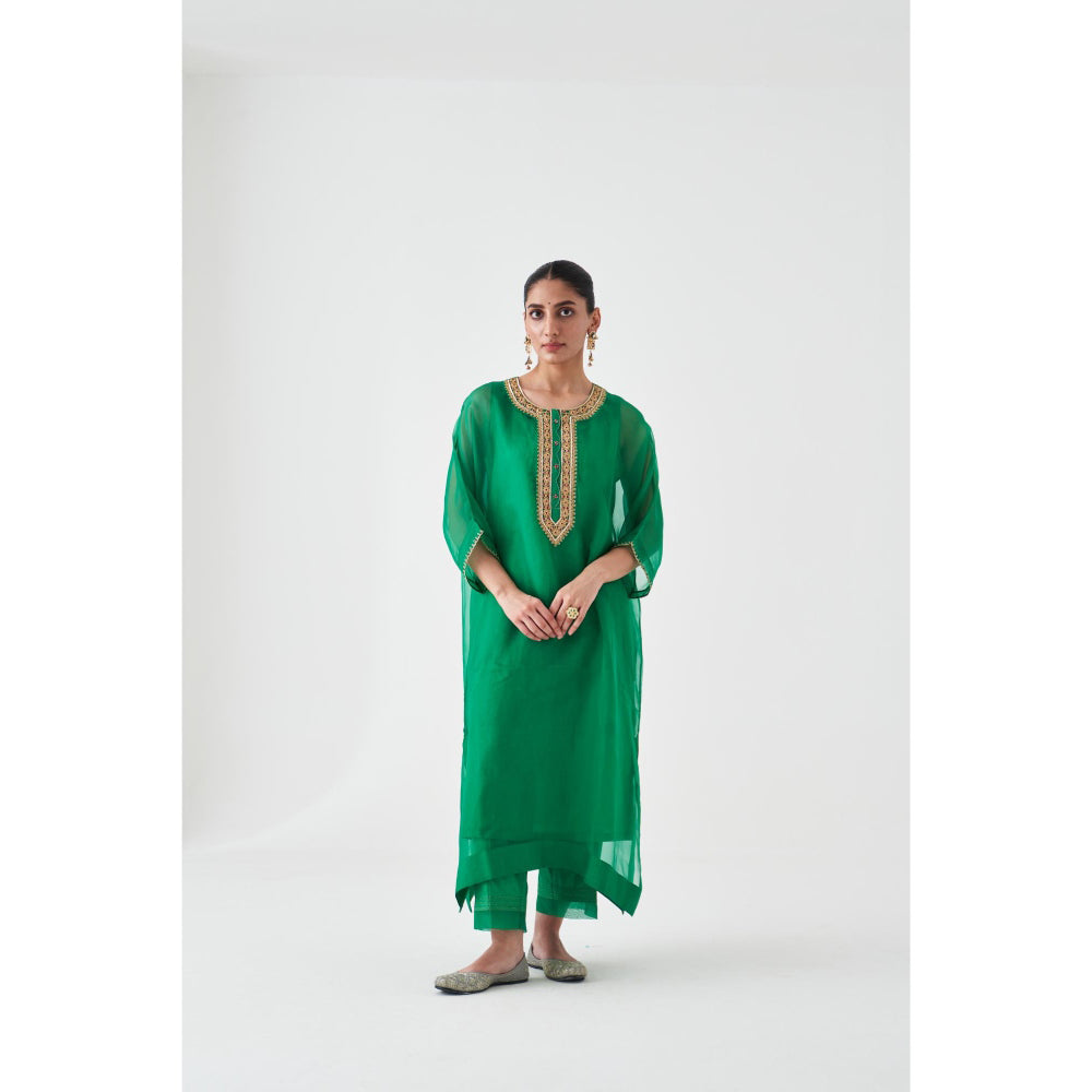 Janki India Green Organza Embroidered Kaftan with Slip and Pant (Set of 3)