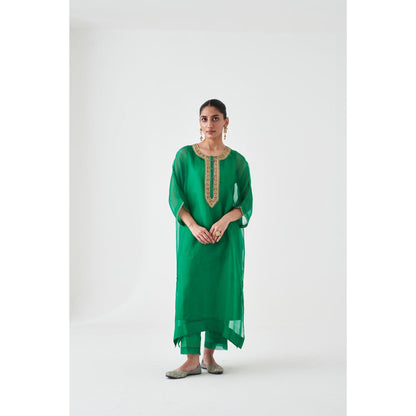 Janki India Green Organza Embroidered Kaftan with Slip and Pant (Set of 3)