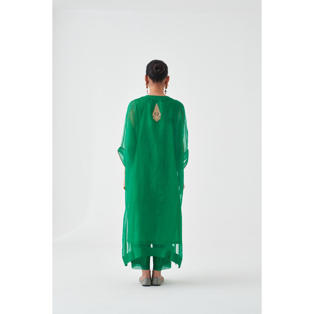 Janki India Green Organza Embroidered Kaftan with Slip and Pant (Set of 3)