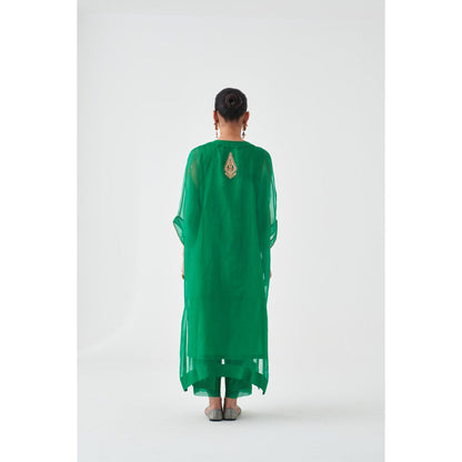 Janki India Green Organza Embroidered Kaftan with Slip and Pant (Set of 3)