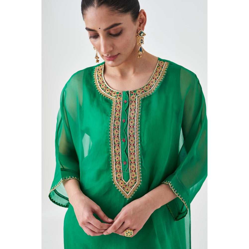 Janki India Green Organza Embroidered Kaftan with Slip and Pant (Set of 3)