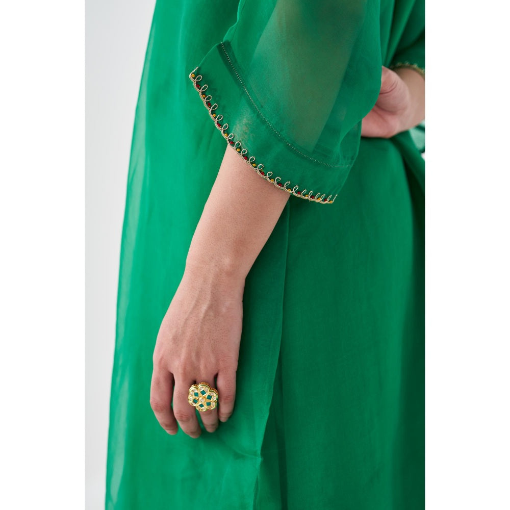 Janki India Green Organza Embroidered Kaftan with Slip and Pant (Set of 3)