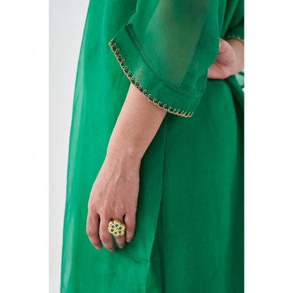 Janki India Green Organza Embroidered Kaftan with Slip and Pant (Set of 3)