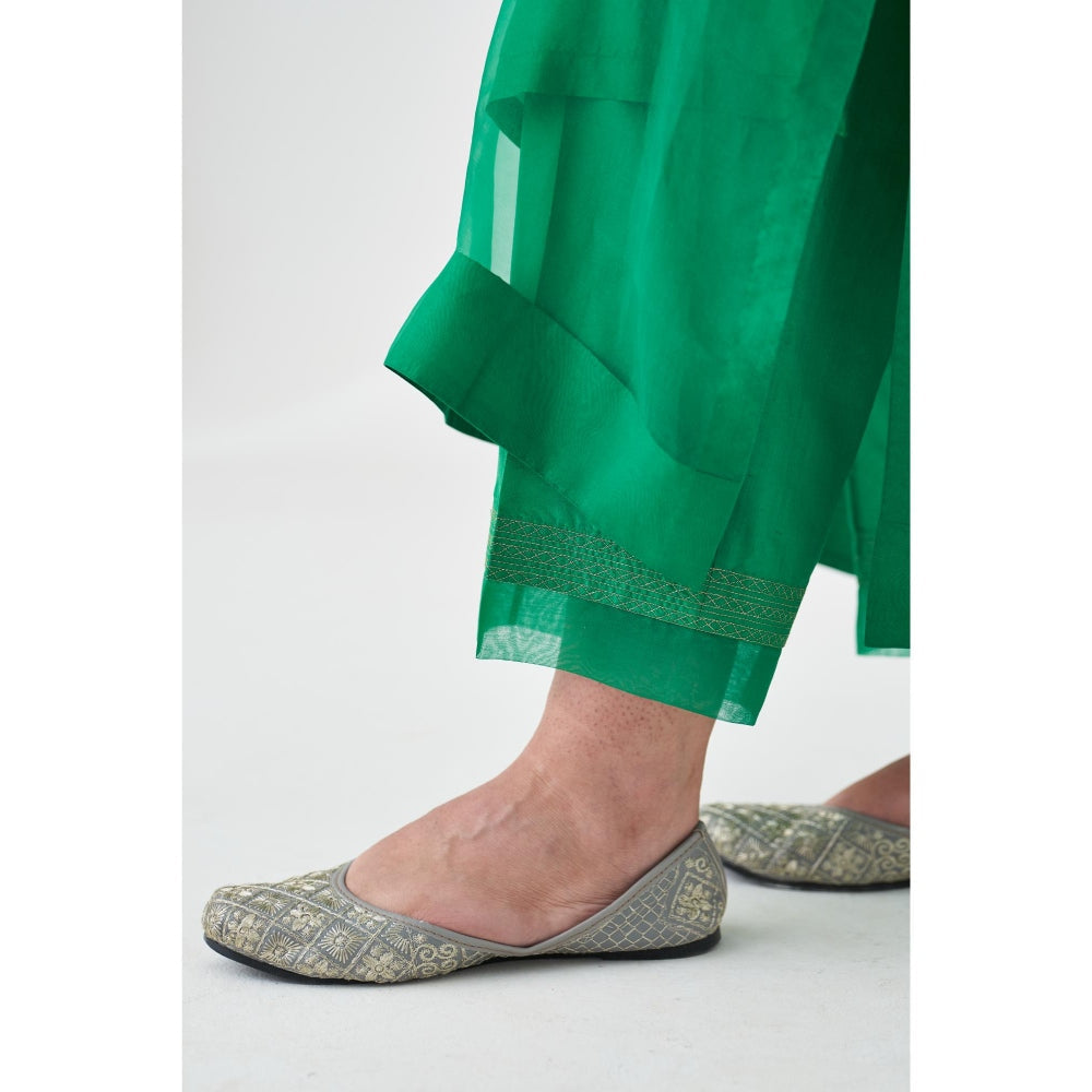 Janki India Green Organza Embroidered Kaftan with Slip and Pant (Set of 3)