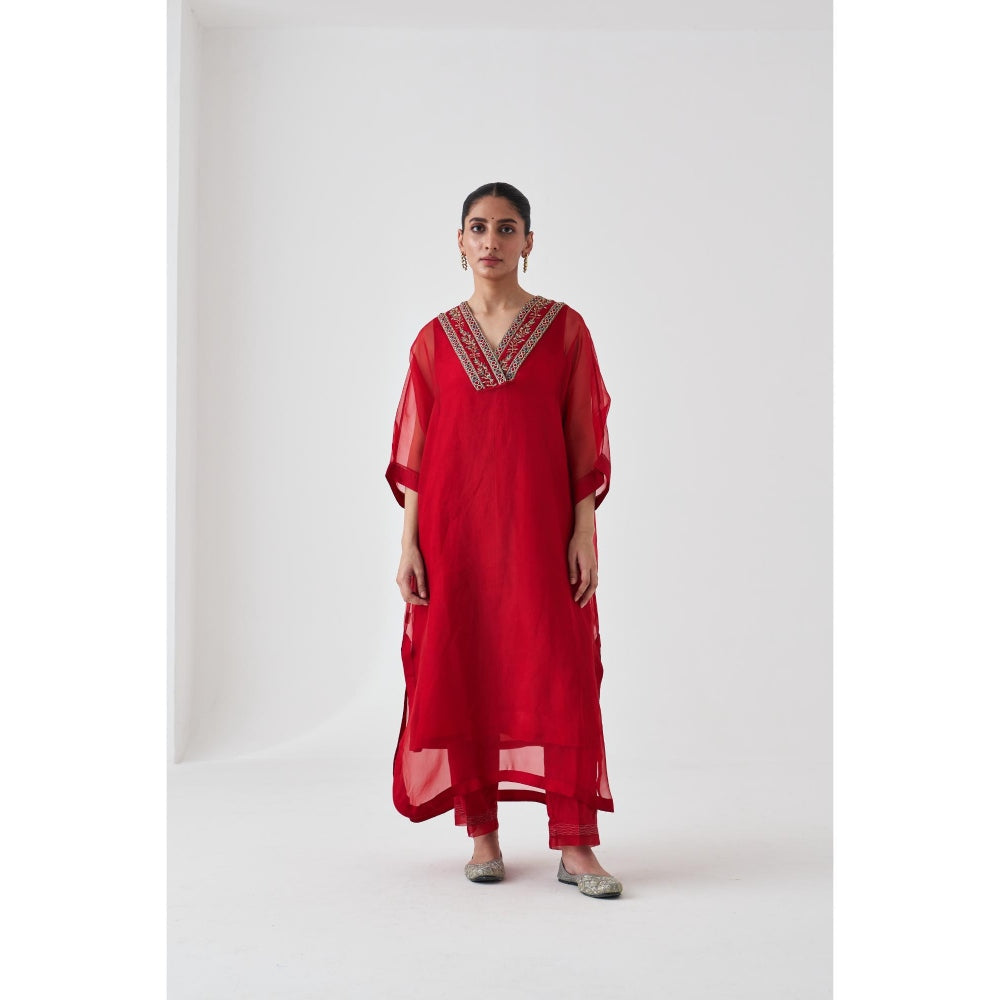 Janki India Red Organza Embroidered Kaftan with Slip and Pant (Set of 3)