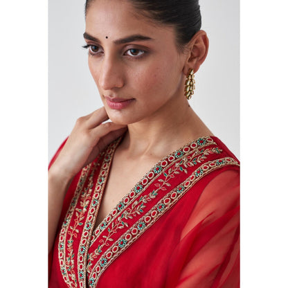 Janki India Red Organza Embroidered Kaftan with Slip and Pant (Set of 3)