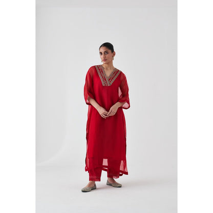 Janki India Red Organza Embroidered Kaftan with Slip and Pant (Set of 3)