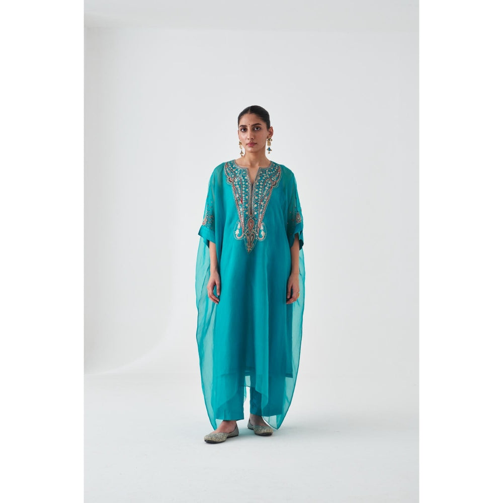 Janki India Turquoise Organza Embroidered Kaftan with Slip and Pant (Set of 3)