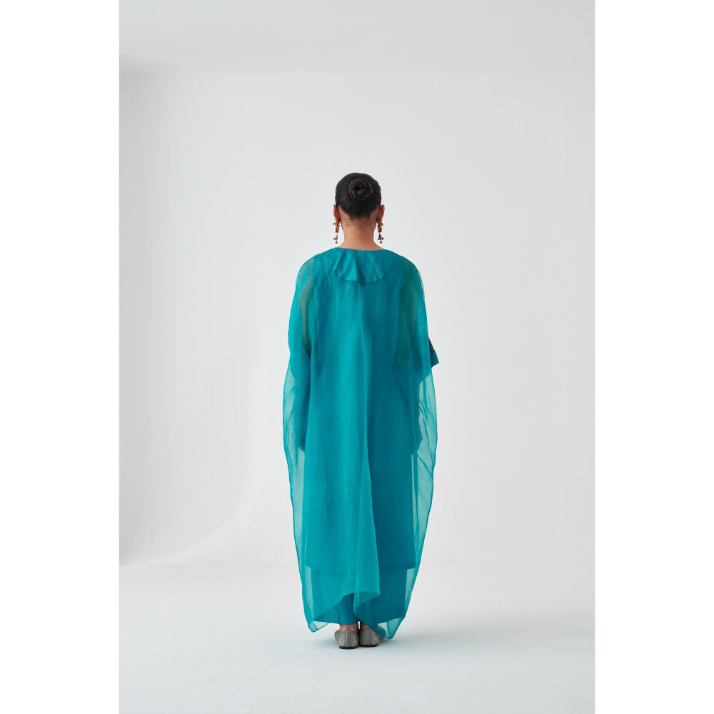 Janki India Turquoise Organza Embroidered Kaftan with Slip and Pant (Set of 3)
