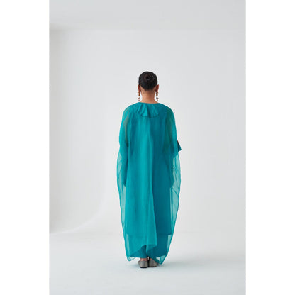 Janki India Turquoise Organza Embroidered Kaftan with Slip and Pant (Set of 3)