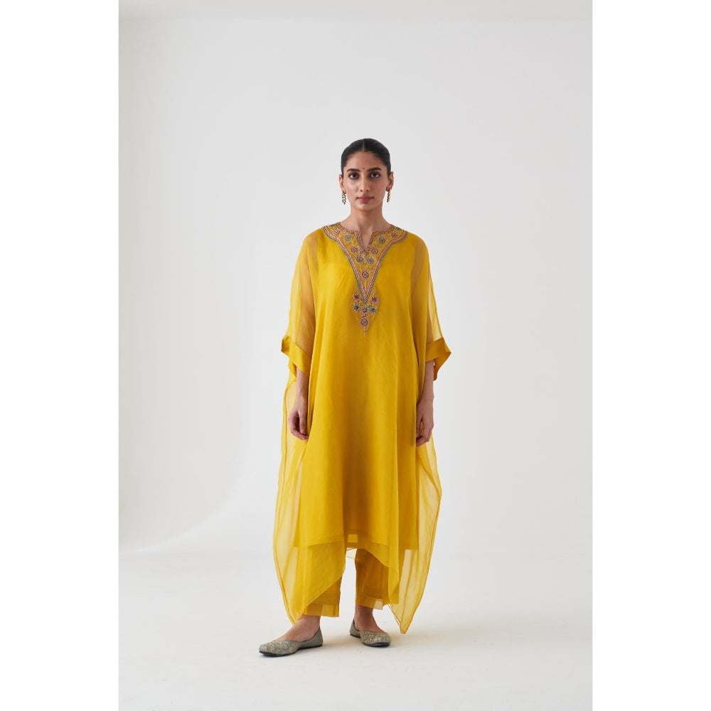 Janki India Yellow Organza Embroidered Kaftan with Slip and Pant (Set of 3)