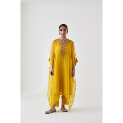 Janki India Yellow Organza Embroidered Kaftan with Slip and Pant (Set of 3)