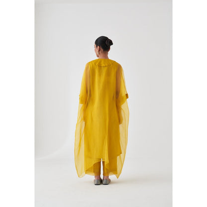 Janki India Yellow Organza Embroidered Kaftan with Slip and Pant (Set of 3)