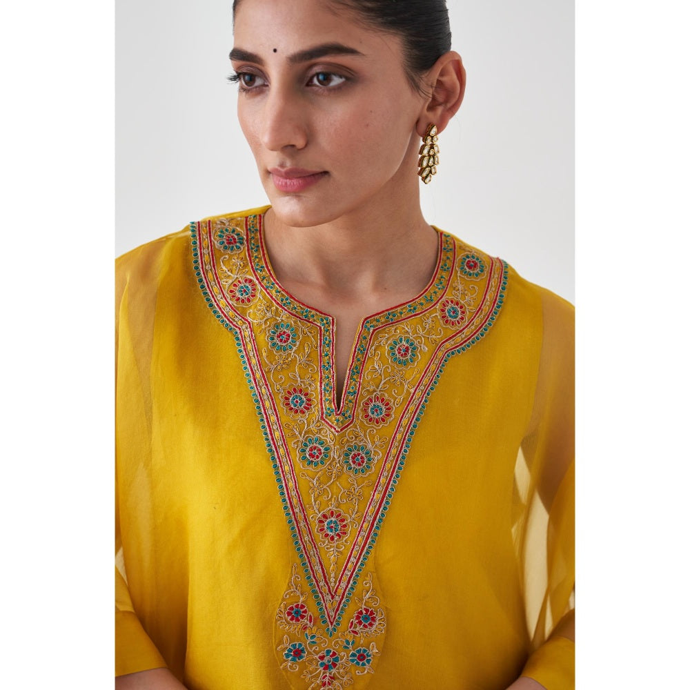 Janki India Yellow Organza Embroidered Kaftan with Slip and Pant (Set of 3)