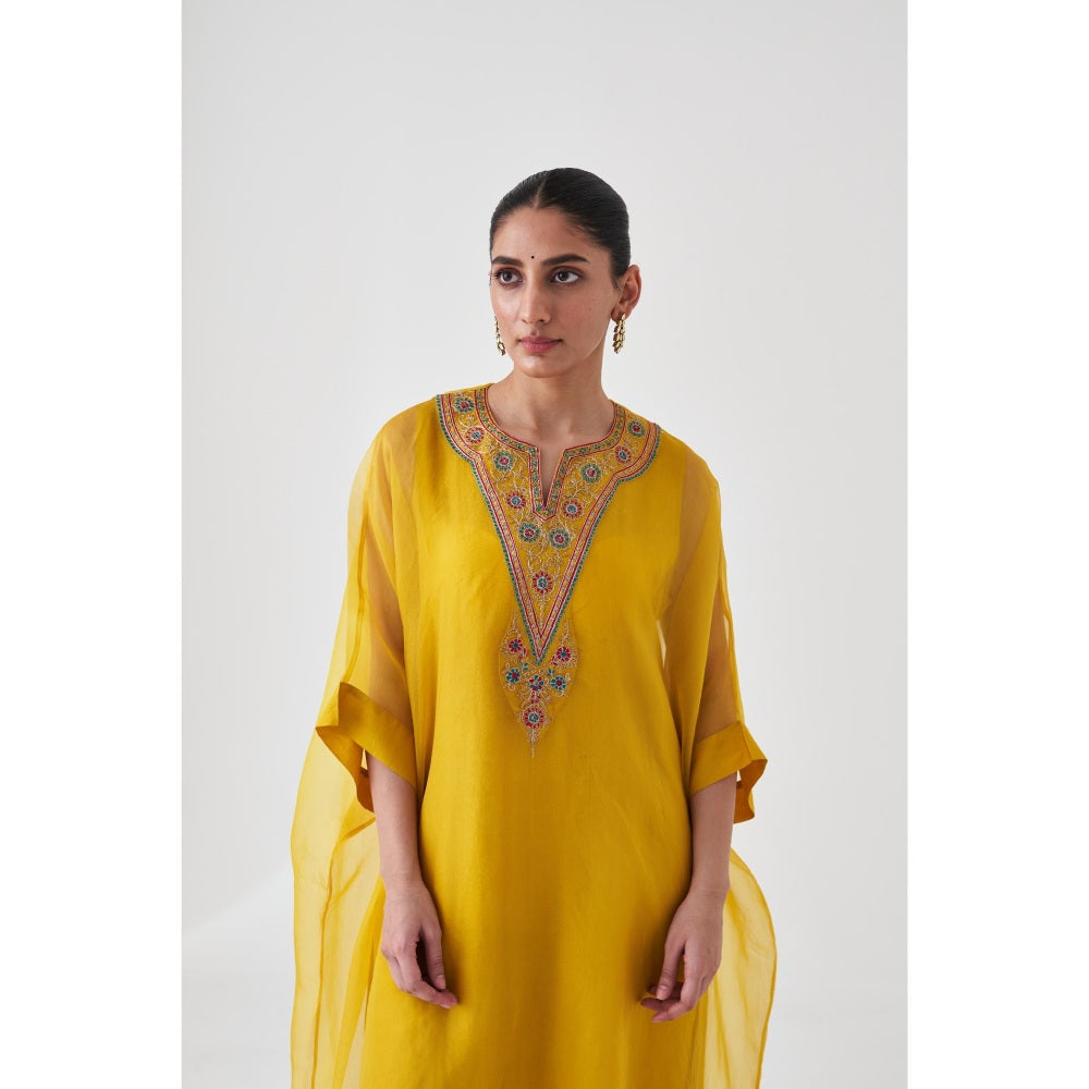 Janki India Yellow Organza Embroidered Kaftan with Slip and Pant (Set of 3)