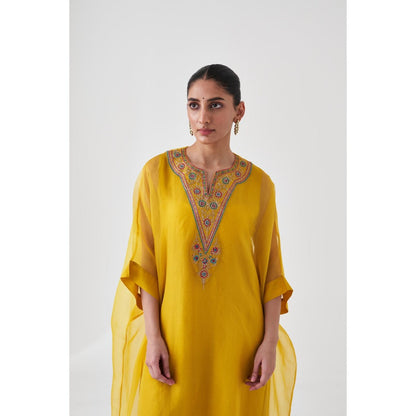 Janki India Yellow Organza Embroidered Kaftan with Slip and Pant (Set of 3)