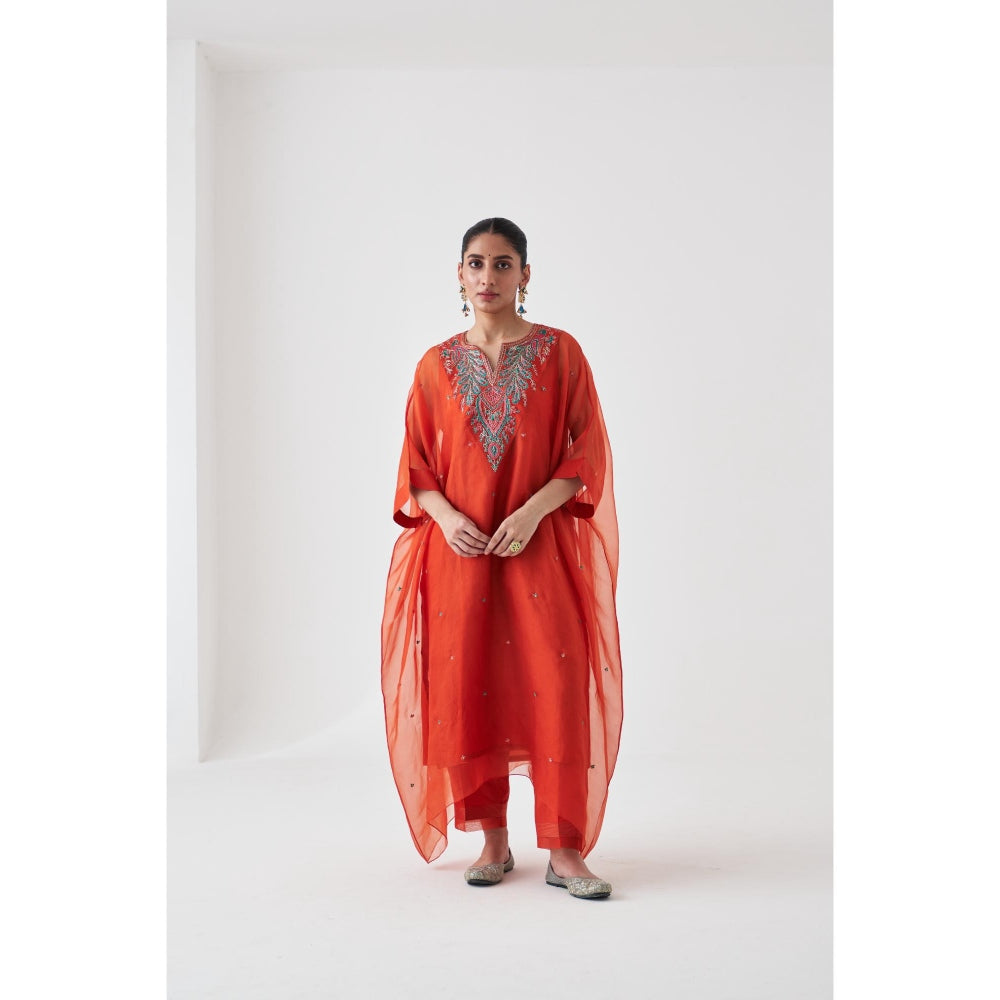 Janki India Rust Organza Embroidered Kaftan with Slip and Pant (Set of 3)