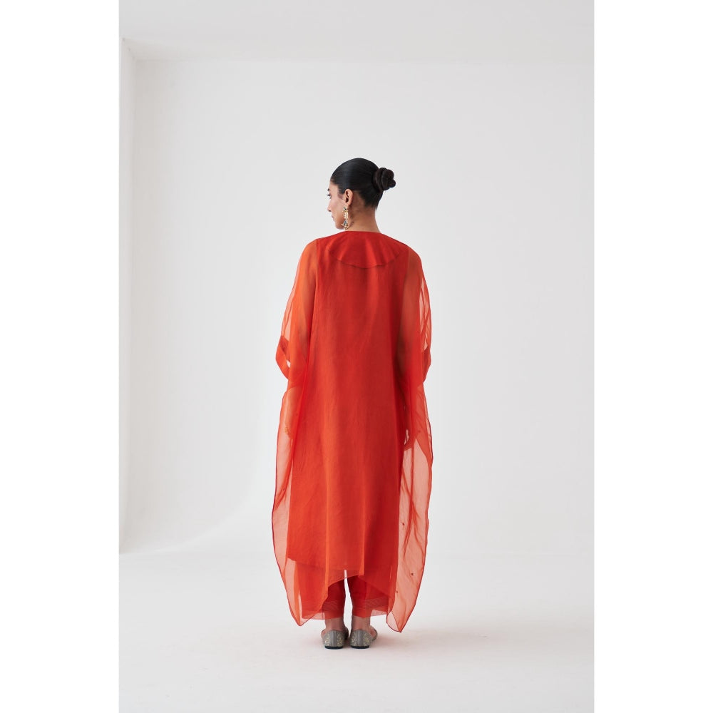 Janki India Rust Organza Embroidered Kaftan with Slip and Pant (Set of 3)