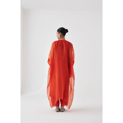 Janki India Rust Organza Embroidered Kaftan with Slip and Pant (Set of 3)