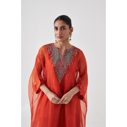Janki India Rust Organza Embroidered Kaftan with Slip and Pant (Set of 3)