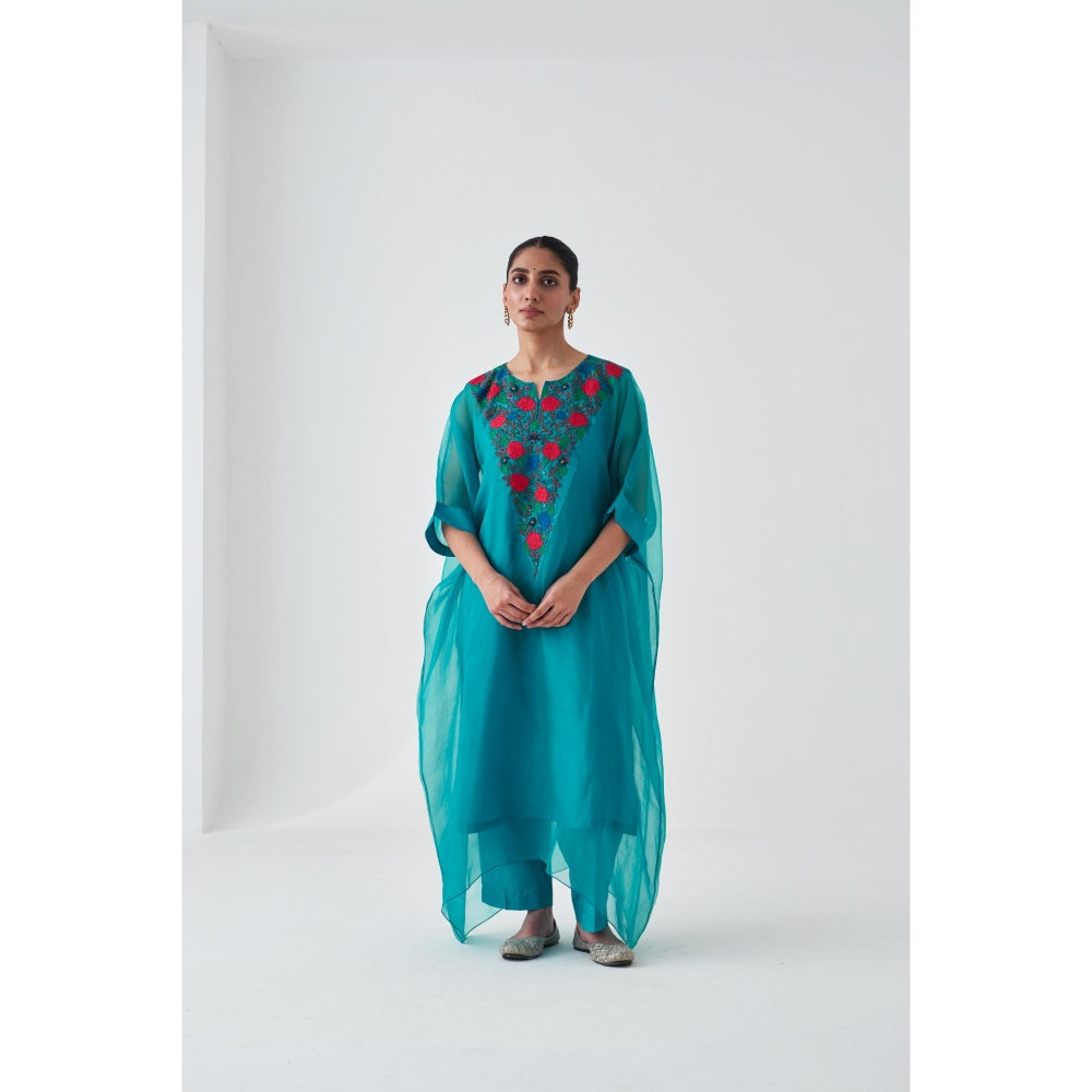 Janki India Turquoise Organza Embroidered Kaftan with Slip and Pant (Set of 3)