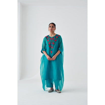 Janki India Turquoise Organza Embroidered Kaftan with Slip and Pant (Set of 3)