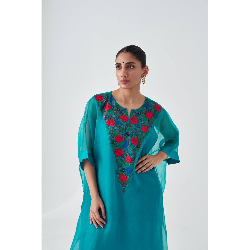 Janki India Turquoise Organza Embroidered Kaftan with Slip and Pant (Set of 3)