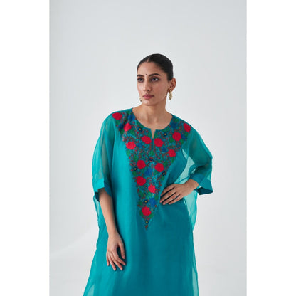Janki India Turquoise Organza Embroidered Kaftan with Slip and Pant (Set of 3)