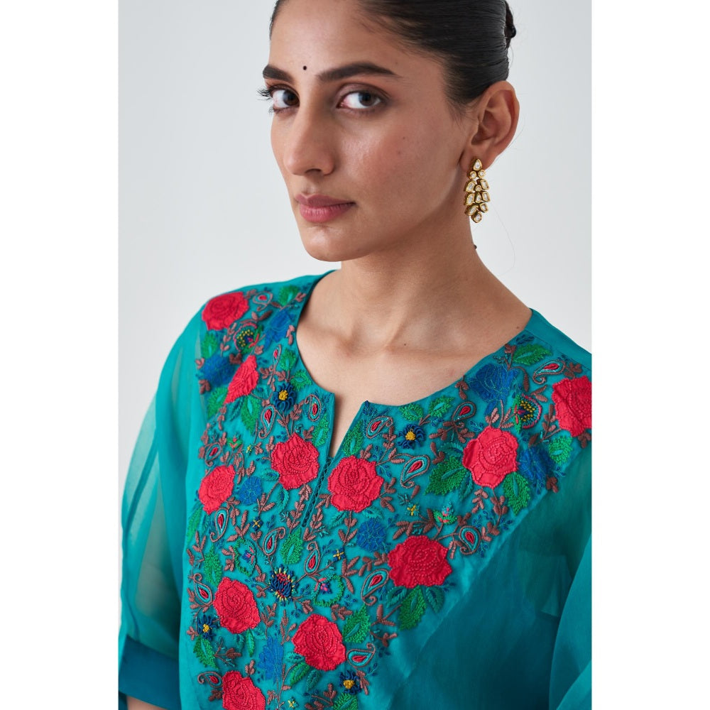 Janki India Turquoise Organza Embroidered Kaftan with Slip and Pant (Set of 3)