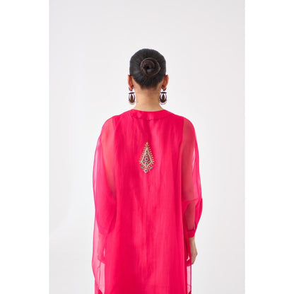 Janki India Fuchsia Organza Embroidered Kaftan with Slip and Pant (Set of 3)