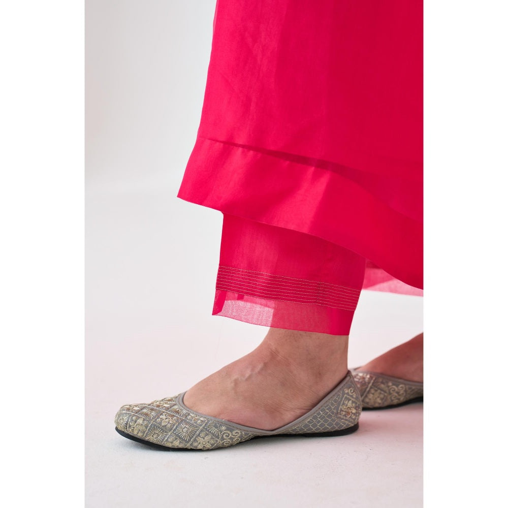 Janki India Fuchsia Organza Embroidered Kaftan with Slip and Pant (Set of 3)