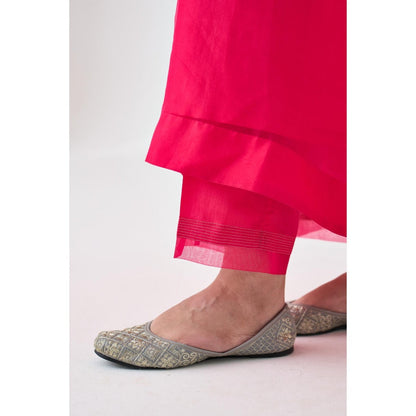 Janki India Fuchsia Organza Embroidered Kaftan with Slip and Pant (Set of 3)