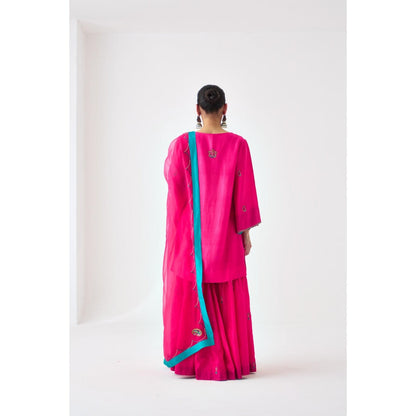 Janki India Fuchsia Silk Dupion Embroidered Short Kurta with Sharara and Dupatta (Set of 3)
