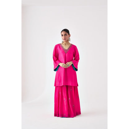 Janki India Fuchsia Silk Dupion Embroidered Short Kurta with Sharara and Dupatta (Set of 3)