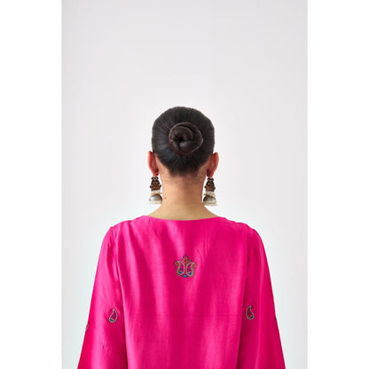 Janki India Fuchsia Silk Dupion Embroidered Short Kurta with Sharara and Dupatta (Set of 3)