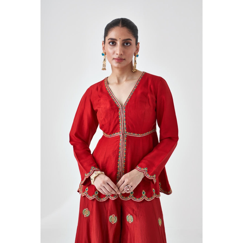 Janki India Maroon Silk Dupion Embroidered Peplum Kurti with Sharara and Dupatta (Set of 3)