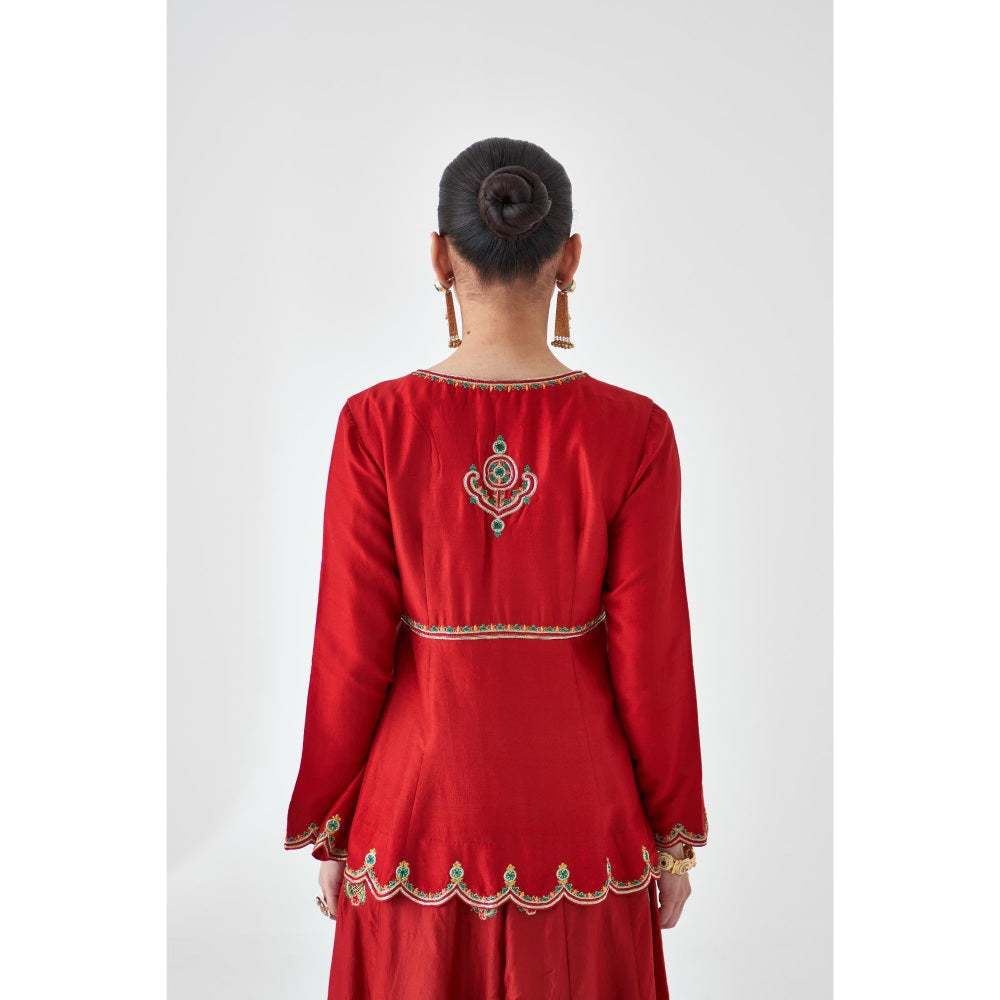 Janki India Maroon Silk Dupion Embroidered Peplum Kurti with Sharara and Dupatta (Set of 3)