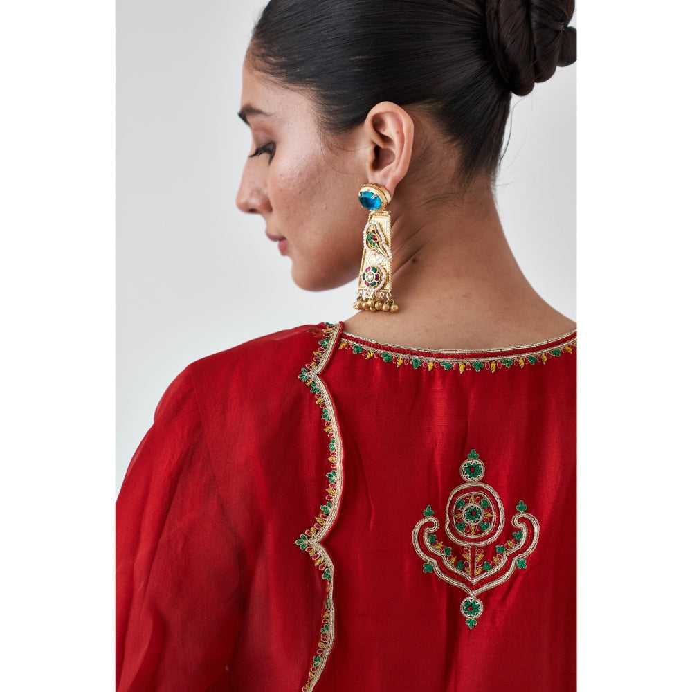 Janki India Maroon Silk Dupion Embroidered Peplum Kurti with Sharara and Dupatta (Set of 3)