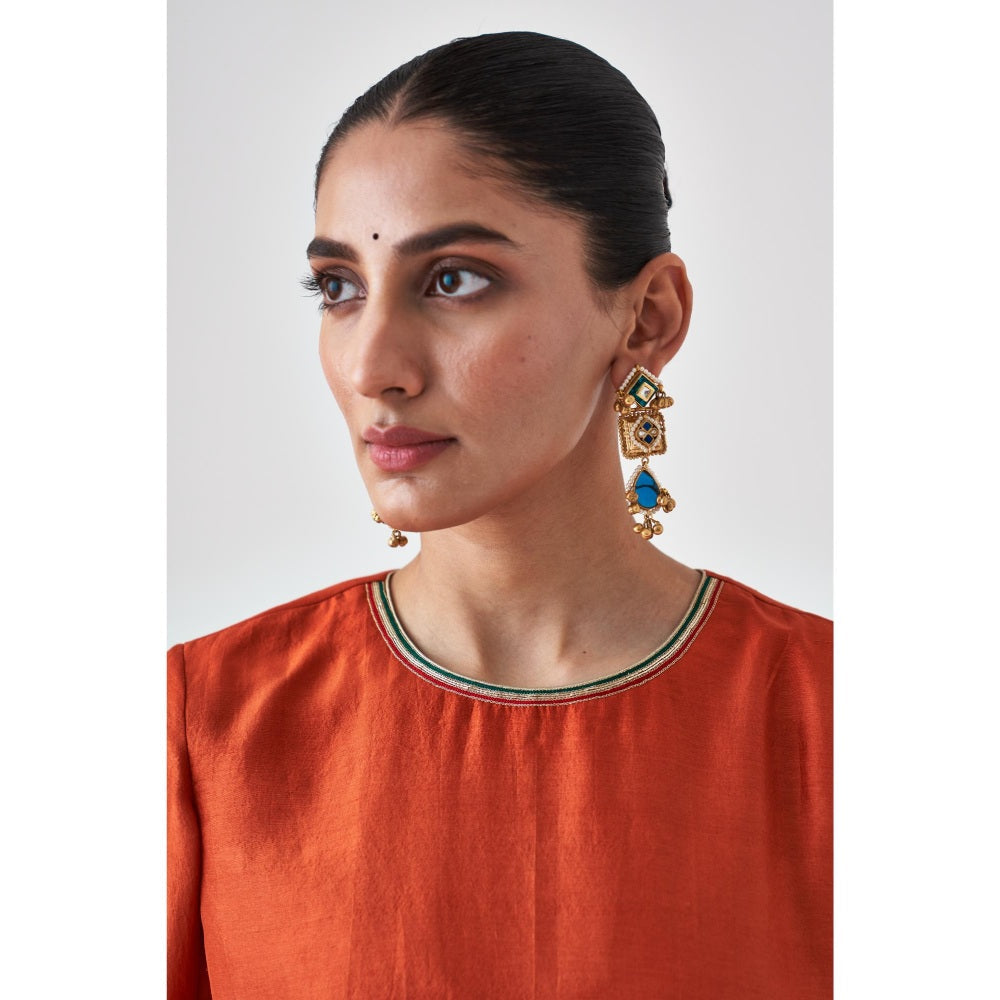 Janki India Rust Embroidered Dupion Silk Short Kurta with Sharara (Set of 2)