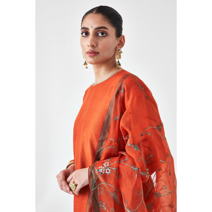 Janki India Rust Embroidered Dupion Silk Short Kurta with Sharara (Set of 2)