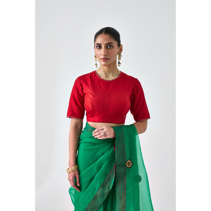 Janki India Red Pure Silk Golden Scallop Embroidery Stitched Blouse