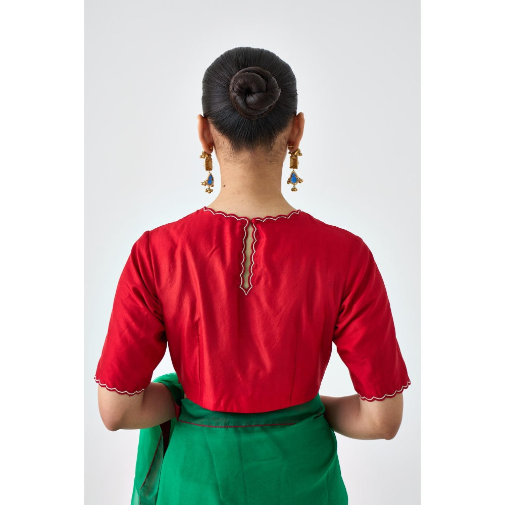 Janki India Red Pure Silk Golden Scallop Embroidery Stitched Blouse