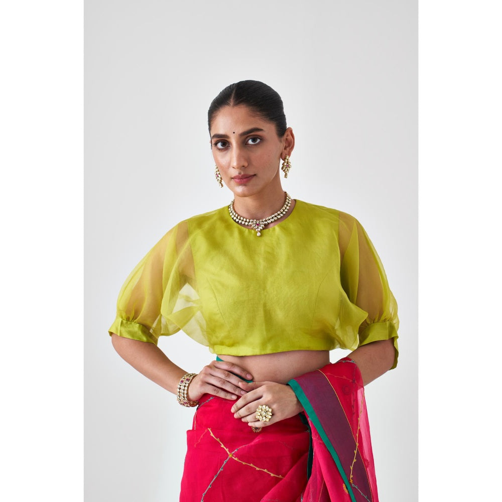 Janki India Lemon Green Organza Solid Stitched Blouse