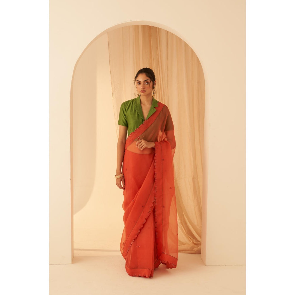 Janki India Women Rust Organza Embroidered Saree with Peticoat without Blouse