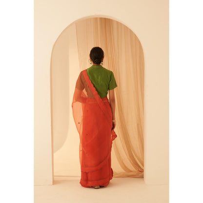 Janki India Women Rust Organza Embroidered Saree with Peticoat without Blouse
